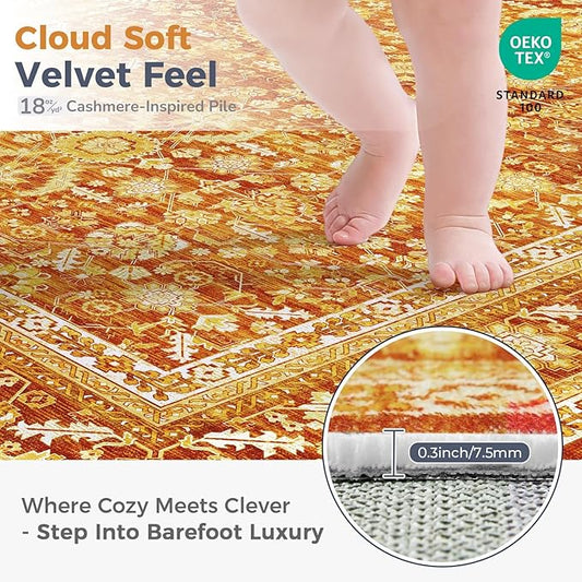 OPPODREAM Vintage Orange Round Rug 3ft, 3 ft Retro Washable Circle Rug Non Slip, Low-Pile Faux Wool Circular Carpet, Distressed Floor Mat for Living Room, Bedroom, Office, Dorm, Dinning Room