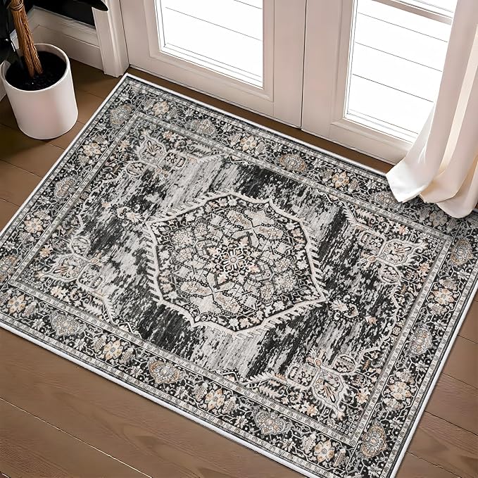 Washable Area Rugs 2x3 Entryway: Soft Ultra Thin Low Pile Mat Machine Washable Indoor Doormat Lightweight Entry Rug Anti Slip Backing Rugs for Living Room Bedroom Kitchen 2'x3' Black