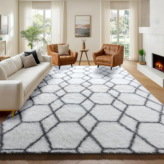 ONASAR 7x9 Area Rugs for Living Room Bedroom, Large Fluffy White and Grey Throw Rug, Geometric Soft Plush Shaggy Indoor Floor Carpet for Nursery Kids Girls Boys Teen Dorm Home Decor Aesthetic