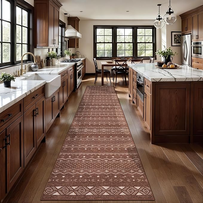 SERISSA Hallway Runner Rug, 2x10 Washable Non-Slip Coffee Brown Boho Rug, Soft Low-Pile Geometric Indoor Long Carpet for Kitchen Laundry Room Bathroom Bedroom Entryway Stair