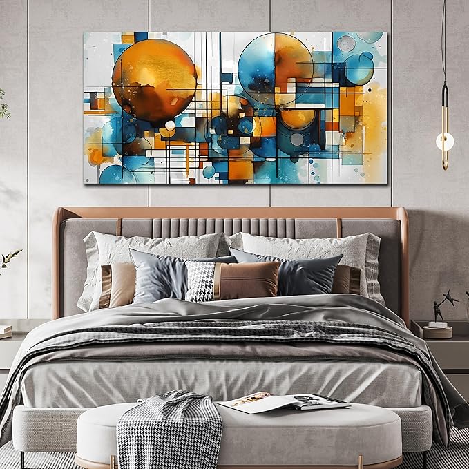 ENTANUB Abstract Wall Art for Living Room, Circle Canvas Wall Decor for Bedroom, Orange and Blue Print Paintings Artwork, Size 29x59 Inches