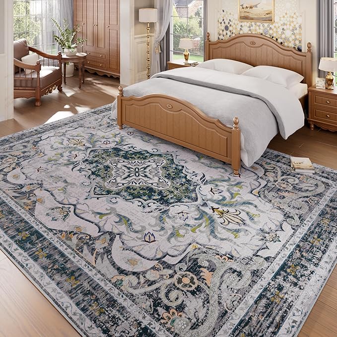 RUSHUFFY 6x9 Washable Area Rugs for Living Room, Non-Slip Boho Vintage Traditional Medallion Print Pattern Carpet for Bedroom Dining Room Farmhouse Nursery Room, Grey White