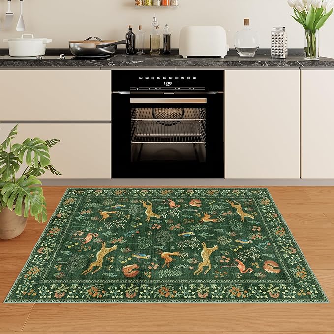 DUKINO 2x3 Rug, Washable Animal Rugs for Entryway, Non Slip Indoor Door Mat, Soft Low Pile Small Area Carpet for Entrance, Bedroom, Kitchen, Laundry, Bathroom, Green