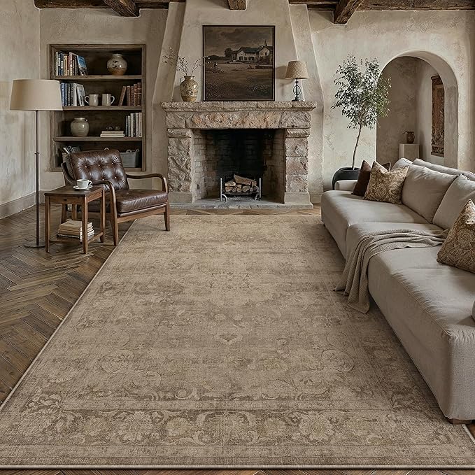 PureCozy Brown Area Rug 8x10 Washable Vintage Living Room Bedroom Carpet Non Slip Soft Low Pile Distressed Medallion Indoor Floor Retro Throw Large Rug for Dining Room Office
