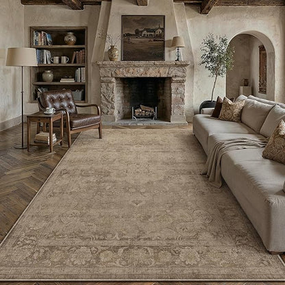 PureCozy Brown Area Rug 8x10 Washable Vintage Living Room Bedroom Carpet Non Slip Soft Low Pile Distressed Medallion Indoor Floor Retro Throw Large Rug for Dining Room Office