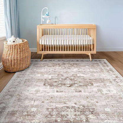 Hazo Haus Washable Neutral Farmhouse Bedroom Rug, 5x7 Area Rugs for Living Room, Nursery Room, Boho Vintage Floral Non-Slip Rug Low Pile Stain Resistant (5x7 Beige/Latte)