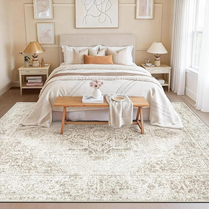 9x12 Area Rugs for Living Room, Washable Vintage Boho Medallion Rug Non Slip Low Pile Floor Carpet for Bedroom Dining Room Home Office (Beige, 9'x12')