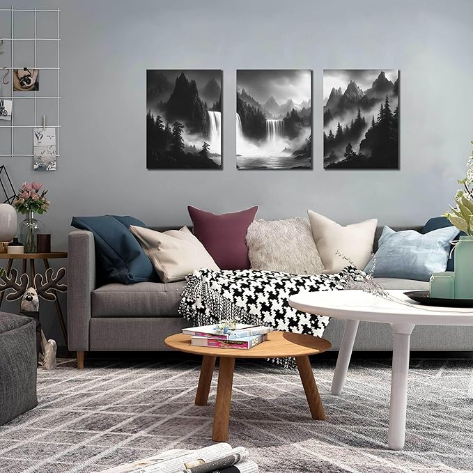 CIRABKY Foggy Forest Wall Art for Living Room - Mountains Canvas Wall Art for Office - Black and White 3 Piece Wall Decor Size 12" x 16"
