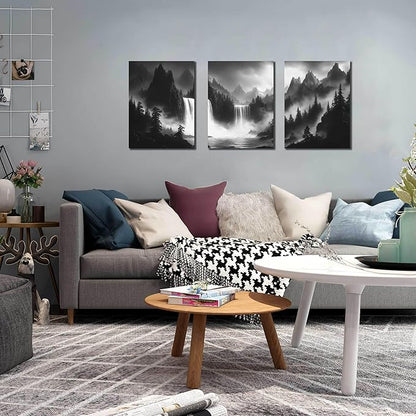 CIRABKY Foggy Forest Wall Art for Living Room - Mountains Canvas Wall Art for Office - Black and White 3 Piece Wall Decor Size 12" x 16"