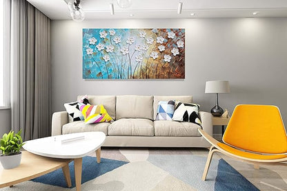 YHSKY ARTS Flower Canvas Wall Art Hand Painted 3D Turquoise Brown White Painting Modern Abstract Floral Pictures Aesthetic Artwork for Living Room Bedroom Dinning Room Decoration