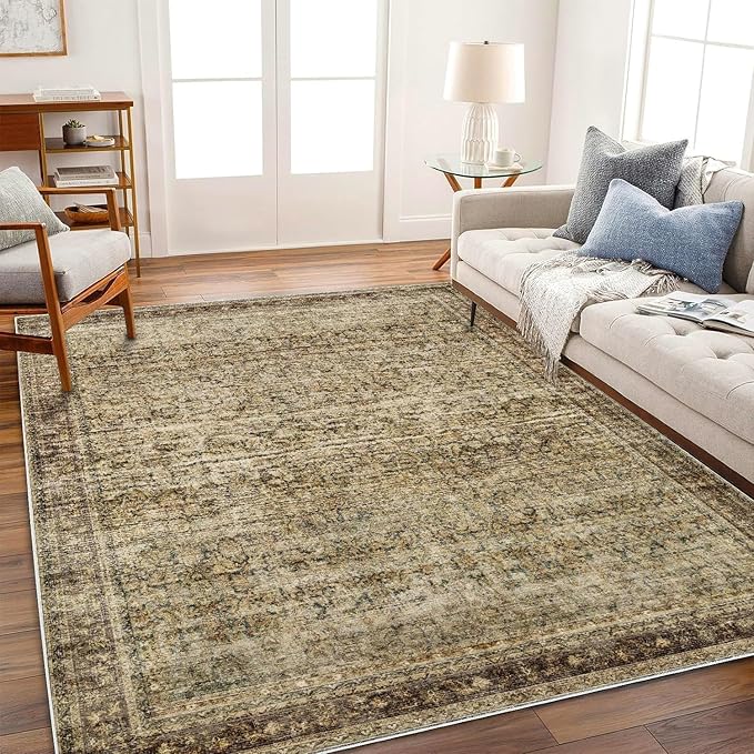CHAMPLANT Area Rug 6x9 Washable Rug Dark Brown Vintage Traditional Distressed Thin Retro Kitchen Indoor Floor Cover Non Slip Carpet Floral Print Mat Living Room Bedroom Dining Room