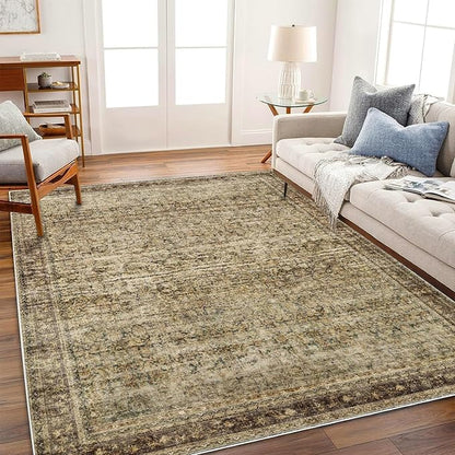 CHAMPLANT Area Rug 6x9 Washable Rug Dark Brown Vintage Traditional Distressed Thin Retro Kitchen Indoor Floor Cover Non Slip Carpet Floral Print Mat Living Room Bedroom Dining Room