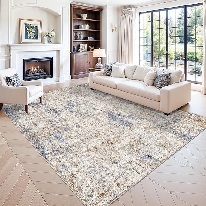 9x12 Washable Living Room Rug – Neutral Modern Abstract Large Area Rugs for Bedroom, Dining Room, Office – Soft Non-Slip Low-Pile Thin Stain-Resistant Indoor Carpet (Blue Brown)