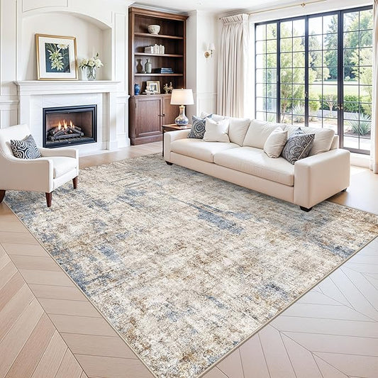 Washable 8x10 Area Rug – Modern Neutral Abstract Soft Non-Slip Stain-Resistant Low Pile Thin Carpet for Living Room Bedroom Dining Room Under Table Home Office(Blue Brown)