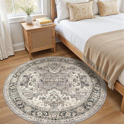 Area Rug for Living Room - 5x5 Soft Machine Washable Oriental Vintage Floral Distressed Large Indoor Floor Carpet for Bedroom Under Dining Table Home Office Decor - Brown
