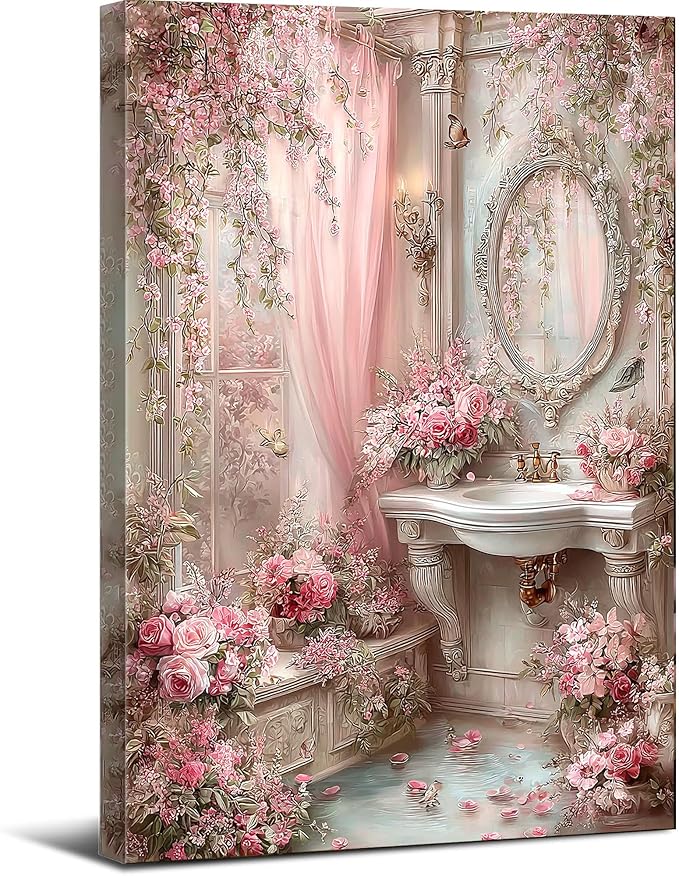 Frimeeme Framed Romantic Vintage Pink Bathroom Canvas Wall Art, Pink Sink Posters Prints Paintin, for Washroom Artwork Home Decoration Ready To Hang, 12 x 16 Inch,Framed