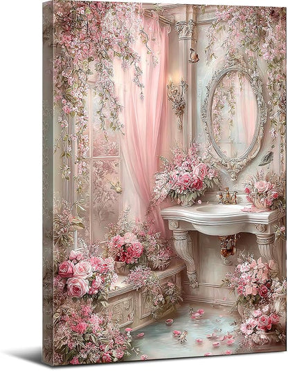 Frimeeme Framed Romantic Vintage Pink Bathroom Canvas Wall Art, Pink Sink Posters Prints Paintin, for Washroom Artwork Home Decoration Ready To Hang, 12 x 16 Inch,Framed