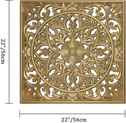 XIAOAIKA Boho Carved Wood Wall Sculpture, Intricate Floral Mandala Design with Distressed Gold Finish, Vintage Farmhouse Wall Art Panel with Solid Wood Frame for Bedroom Entryway (22" x 22")