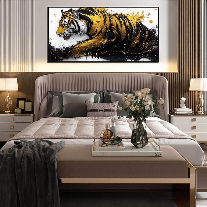 Tiger Art Wall Decor for Living Room - Modern Black and Gold Wall Decor for Bedroom - Large Framed Wall Art for Office Size 29" x 59"