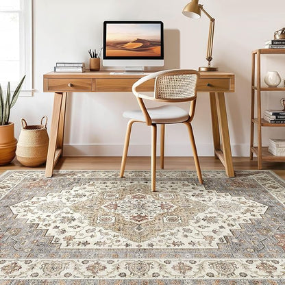 9x12 Area Rug Living Room: Washable Boho Large Neutral Vintage Soft Rugs Stain Resistant Farmhouse Non-Slip Indoor Floor Carpet for Bedroom Nursery Kids Playroom Office Dining Room- Orange Beige