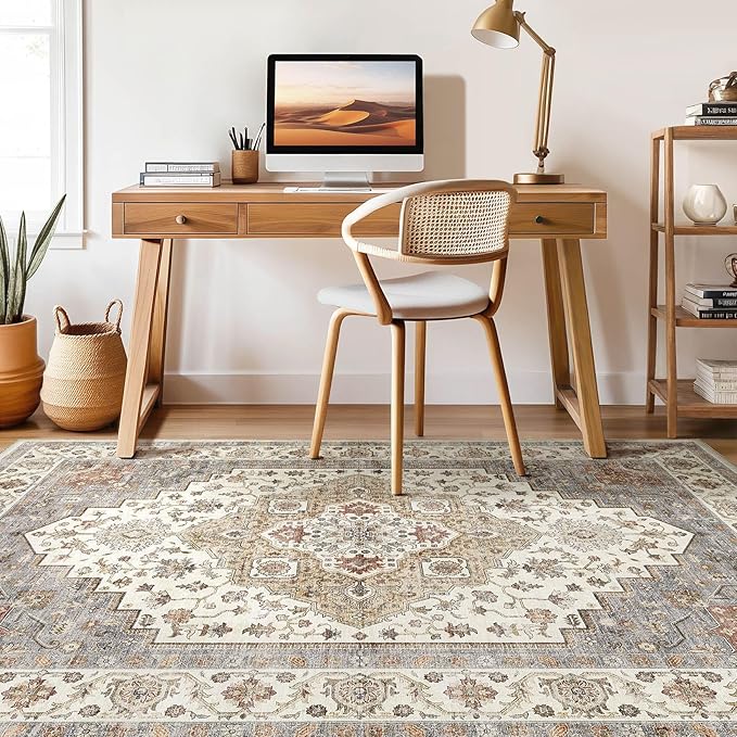7x9 Area Rug Living Room: Washable Boho Large Neutral Vintage Soft Rugs Stain Resistant Farmhouse Non-Slip Indoor Floor Carpet for Bedroom Nursery Kids Playroom Office Dining Room- Orange Beige