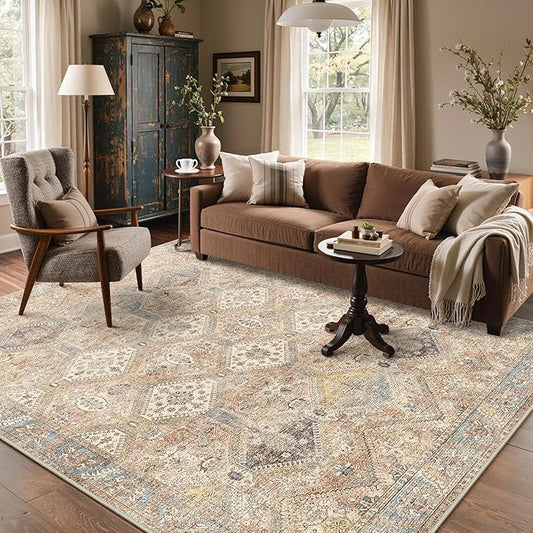 Bavni 9x12 Area Rug Washable Rug for Living Room Bedroom, Vintage Print Carpet, Low Pile Lightweight Mat with Non Slip Backing, Pale Warm Yellow
