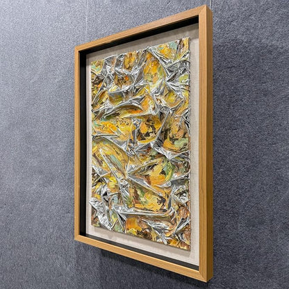 BrightA Textured silver leather abstract art - vibrant spray-painted fluid colors (yellow/orange/green) with solid wood frames, modern wall sculptures, contemporary living room 27.5"x 39.4"