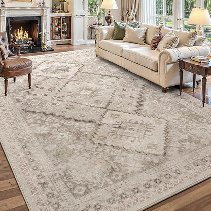 YOH Boho Washable Rug 6x9, Beige Grey Vintage Non Slip Area Rug, Distressed Indoor Carpet for Living Room Bedroom Kitchen Office