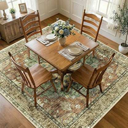 RELEANY Area Rugs Square 8ft Washable Non-Slip, Floral Vintage Distress Print Pattern Medallion Carpet for Living Room Bedroom Dining Room, Brick Red Rust Neutral Brown Burnt Orange Green