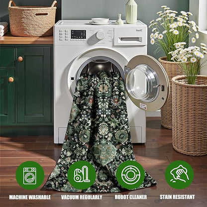 Runner Rugs 2x10 Boho Small Washable Area Rugs for Entryway Bathroom Kitchen, Long Rugs for Hallway Soft Low Pile Non-Slip Rubber Backing Oriental Dark Green