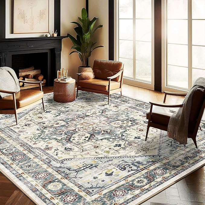CHAMPLANT Washable Area Rug 9'x12' Cyan Khaki Retro Flowers Boho Design Non-Shedding Easy Care Ideal for High Traffic Areas in Living Room Bedroom Office Coffee Table Kitchen Large Carpet