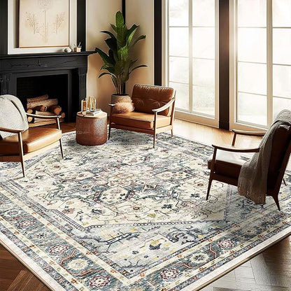 CHAMPLANT Washable Area Rug 9'x12' Cyan Khaki Retro Flowers Boho Design Non-Shedding Easy Care Ideal for High Traffic Areas in Living Room Bedroom Office Coffee Table Kitchen Large Carpet
