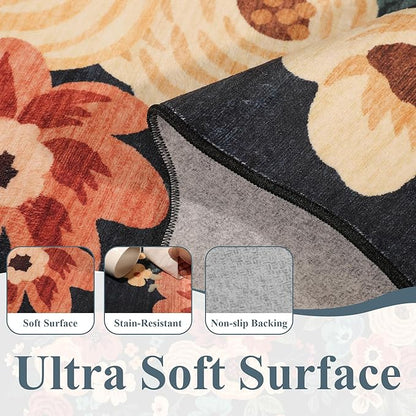 DUKINO 4x6 Area Rug, Floral Non-Slip Indoor Washable Rug with Low Pile & Non-Shedding, Lightwight Boho Design Carpet for Entryway, Bedroom, Kids Room, Living Room, Kitchen, Navy Blue