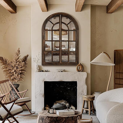Arched Wall Mirror with Wood Window Frame, 40x28 Vintage Rustic Farmhouse Mirror for Wall, Living Room, Bedroom, Entryway(Brown)
