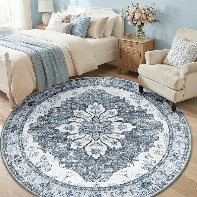 RELEANY Area Rugs Round 6ft Washable Non-Slip, Floral Vintage Distress Print Pattern Medallion Carpet for Living Room Bedroom Dining Room, Light Gray Grey White