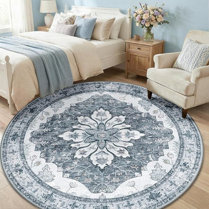 RELEANY Area Rugs Round 6ft Washable Non-Slip, Floral Vintage Distress Print Pattern Medallion Carpet for Living Room Bedroom Dining Room, Light Gray Grey White