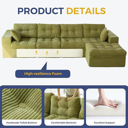 MAXYOYO 132" L Shaped Modular Sectional Sofa with Ottoman, Cloud Boneless Couch with Layered Cushion, Upholstered Sofa in a Box, Flexible Module Combination for Living Room, No Assembly, Green