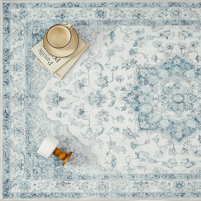 PureCozy Blue Runner Rug 2x6 Washable Vintage Carpet for Hallway Kitchen Soft Retro Low Pile Thin Indoor Runner Non Slip Oriental Medallion Long Throw Rug for Bathroom Bedroom Laundry Dining Room