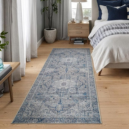 Bloom Rugs Washable Non-Slip 12 ft Runner - Blue/Gray Traditional Runner for Entryway, Hallway, Bathroom, and Kitchen - Exact Size: 2.5' x 12'