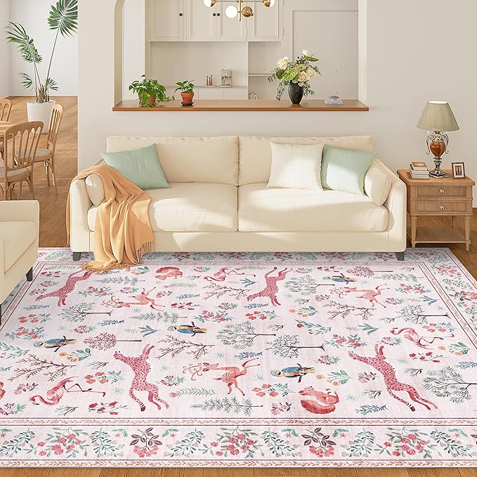 DUKINO 5x7 Rug, Washable Animal Living Room Rug with Non Slip Vintage Design, Soft Low Pile Large Carpet for Bedroom, Nursery, Dining Room, Farmhouse, Playroom, Pink