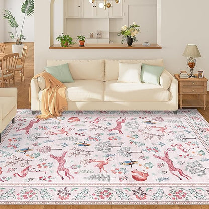 DUKINO 5x7 Rug, Washable Animal Living Room Rug with Non Slip Vintage Design, Soft Low Pile Large Carpet for Bedroom, Nursery, Dining Room, Farmhouse, Playroom, Pink