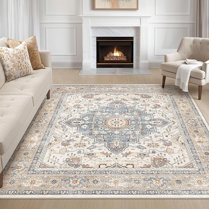Square Rug 10x10 Living Room: Washable Boho Large Neutral Vintage Soft Rugs Stain Resistant Distressed Farmhouse Non-Slip Indoor Floor Carpet for Bedroom Nursery Kids Office Dining Room- Beige Blue