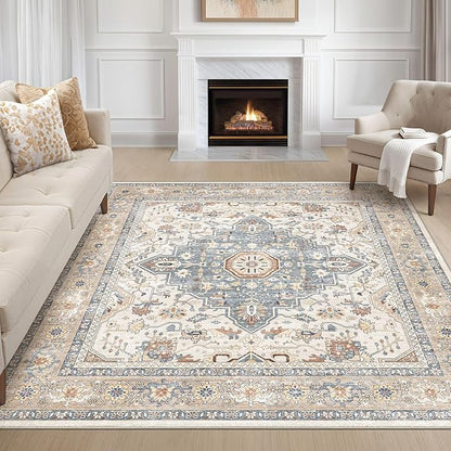 Square Rug 10x10 Living Room: Washable Boho Large Neutral Vintage Soft Rugs Stain Resistant Distressed Farmhouse Non-Slip Indoor Floor Carpet for Bedroom Nursery Kids Office Dining Room- Beige Blue