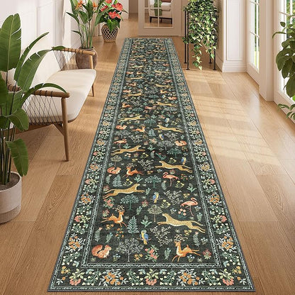 DUKINO 2x12 Washable Runner Rug, Ultra Soft Vintage Animal Runner Rug for Hallway, Lightweight Non Slip & Non Shedding Indoor Loog Carpet for Kitchen, Laundry Room, Bathroom, Bedroom, Entrance, Black