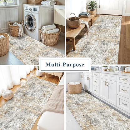 3x7 Washable Non-Slip Kitchen Runner Rug – Modern Abstract Neutral Beige & Gray Carpet for Hallway, Entryway, Bedroom, Laundry Room – Low-Pile Thin Wide Floor Runner (Gold Grey