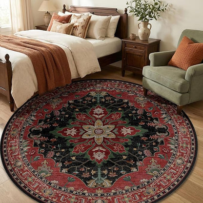 RELEANY Area Rugs Round 6ft Washable Non-Slip, Floral Vintage Distress Print Pattern Medallion Carpet for Living Room Bedroom Dining Room, Red Black