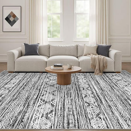 Nakagishi Area Rug Living Room Rugs: 7X9 Machine Washable Boho Large Neutral Farmhouse Stain Resistant Moroccan Indoor Floor Carpet for Bedroom Nursery Dorm Dining Room Home-White Black