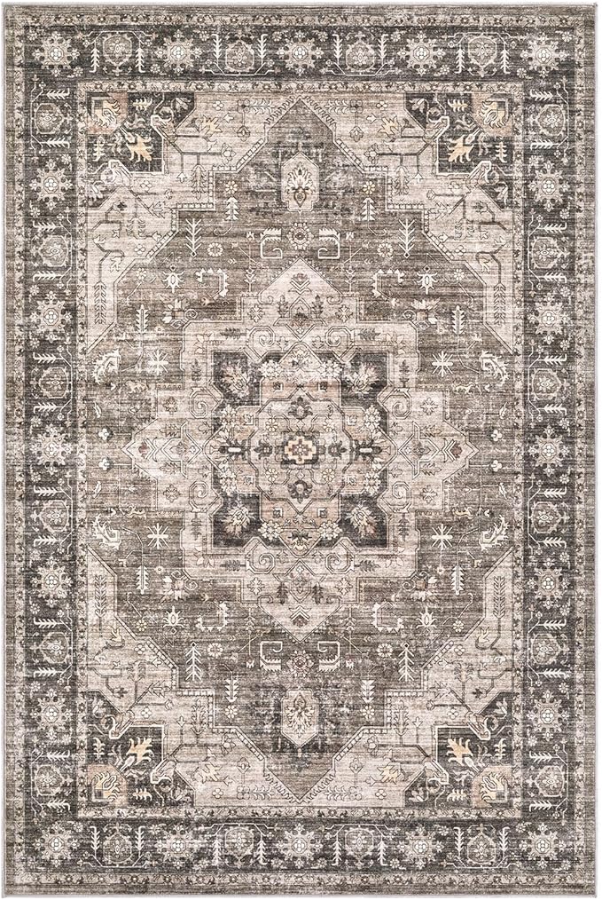 Area Rug 8x10 Washable Vintage - Soft Traditional Rugs for Living Room Large Non Slip Backing with Low Pile Farmhouse Oriental Retro Carpet for Bedroom Dining Room or Home Office - Dark Brown