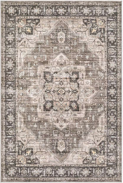 Area Rug 5x7 Washable Vintage - Soft Traditional Rugs for Living Room Large Non Slip Backing with Low Pile Farmhouse Oriental Retro Carpet for Bedroom Dining Room or Home Office - Dark Brown