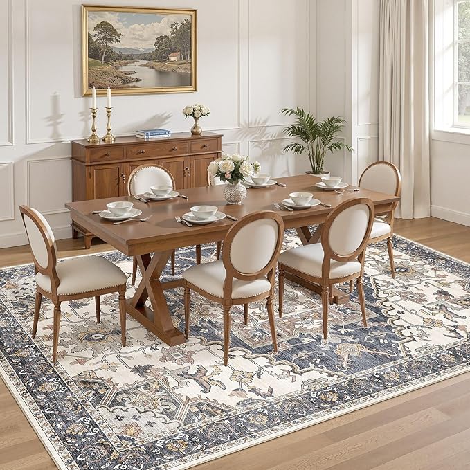 8x11 Washable Area Rugs for Living Room: Non Slip Vintage Blue Beige Rug, Large Soft Stain Resistant Indoor Floor Carpets for Bedroom Dining Room Nursery Home Office Kid & Pet Friendly